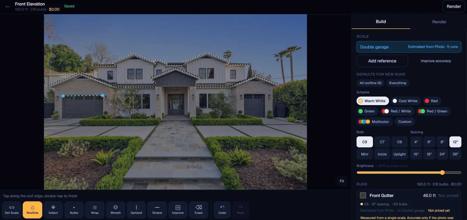 The design workspace: a property photograph with its rooflines mapped point by point, beside a panel listing each run