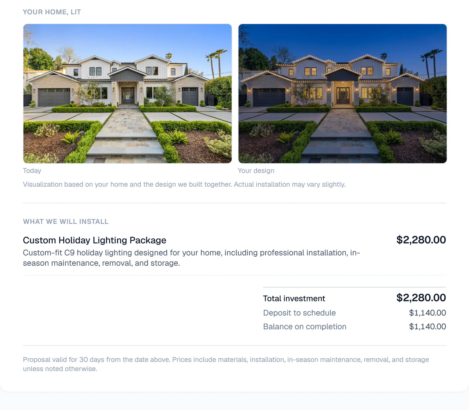The customer proposal: both photographs side by side, one package price, deposit and balance