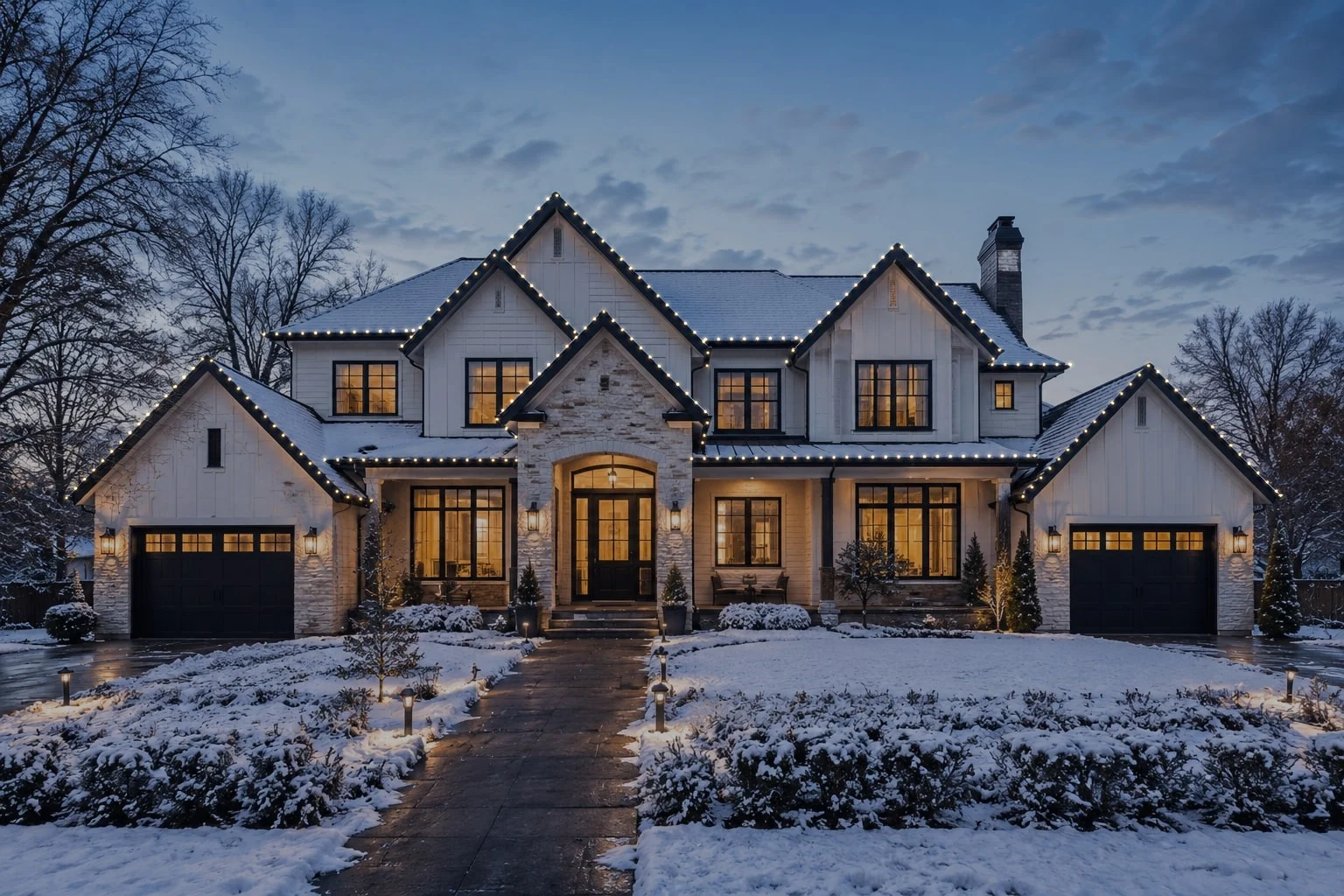 The same house with C9X's mapped roofline runs drawn along every gable and eave as evenly spaced bulbs