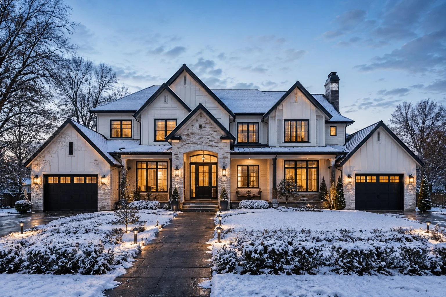 A snow-covered two-storey house photographed from the driveway before any holiday lighting is designed