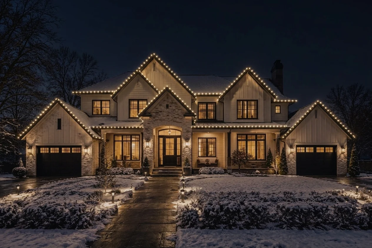 The same house rendered at night with the designed roofline lighting lit